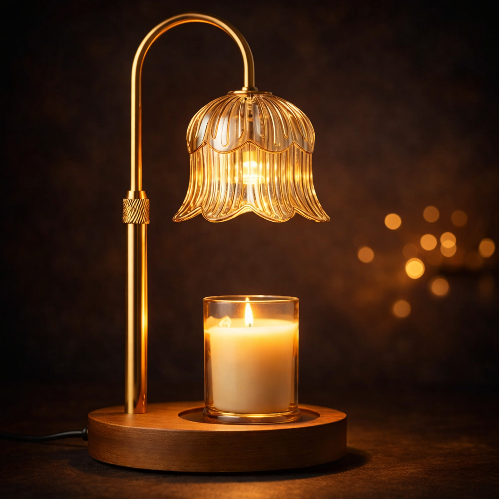 Flower-Shaped Candle Warmer Lamp, Amber Finish, Wooden Base, Adjustable Height, Timer & Dimmer
