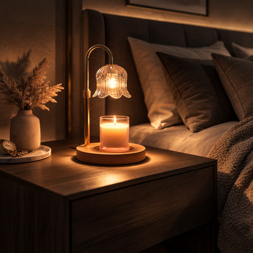 Flower-Shaped Candle Warmer Lamp, Amber Finish, Wooden Base, Adjustable Height, Timer & Dimmer